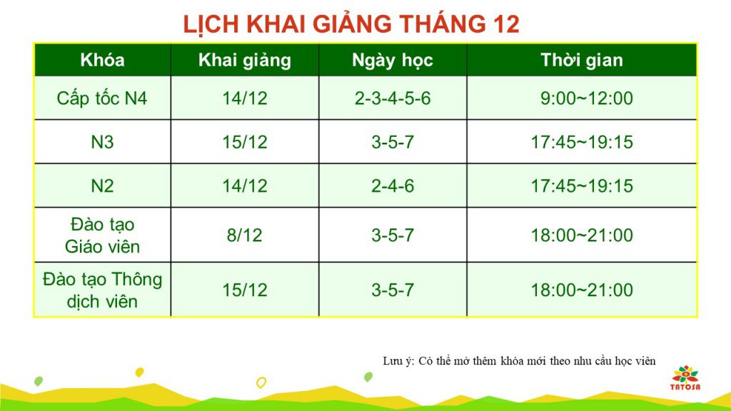 LỊCH KHAI GIẢNG THÁNG 12/2020